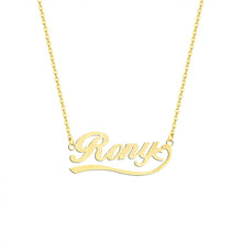 Load image into Gallery viewer, Gold personalized nameplate necklace with the name "Ranya" in cursive font on a link chain, displayed on a white background.