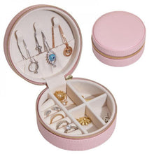 Load image into Gallery viewer, Open pink compact travel jewelry box with zip closure and velvet interior
