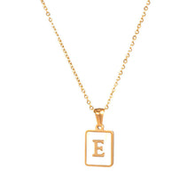 Load image into Gallery viewer, Gold initial necklace with the letter “E” on a mother of pearl pendant, hanging from a dainty gold chain, displayed on a white background.