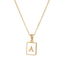 Load image into Gallery viewer, Gold initial necklace with the letter “A” in a mother of pearl pendant, on a dainty chain, displayed on a white background.