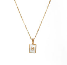 Load image into Gallery viewer, Gold initial necklace featuring the letter “B” on a mother of pearl pendant, with a dainty gold chain, shown on a white background.