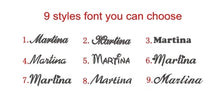 Load image into Gallery viewer, Chart showing 9 custom font styles for personalized name necklaces, all spelling "Martina" in different script and print options.